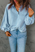 Lantern Sleeve Snap Button Placket Washed Pullover Casual Round Neck Sweatshirt
